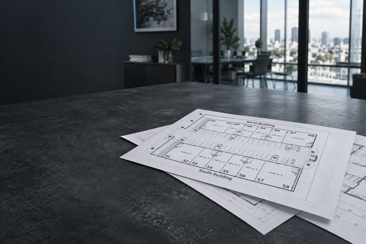 Flex-space site plans spread across a dark desk