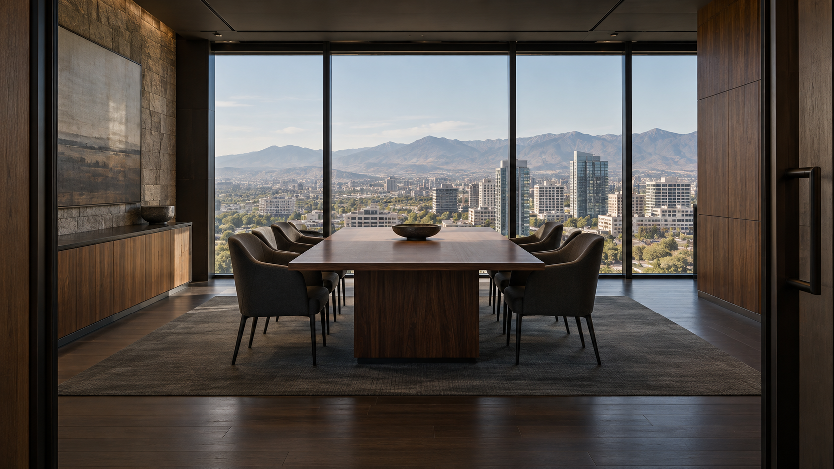 Illustrative meeting room with a walnut table and a mountain-city view