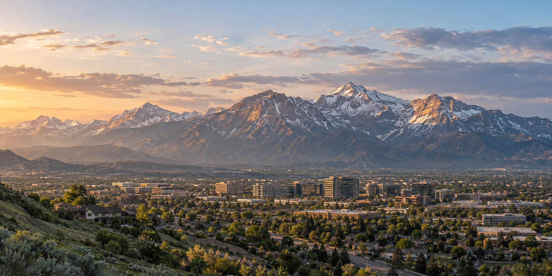 Illustrative Utah-inspired mountain panorama with homes and commercial buildings in the valley